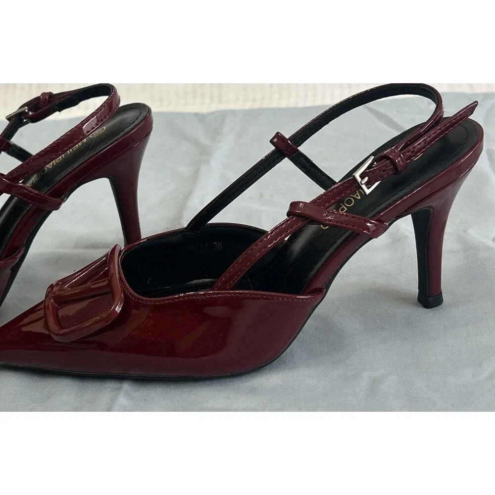 Cherry Red Patent Leather, Pointed Toe, V-Logo Slingback Pumps Sz 38